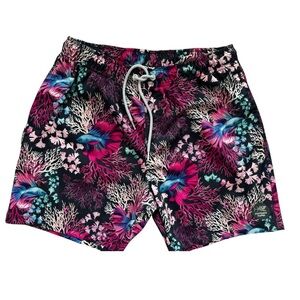 PSYCHO TUNA Pink and Blue Tropical Swim Trunks with Drawstring Waist L